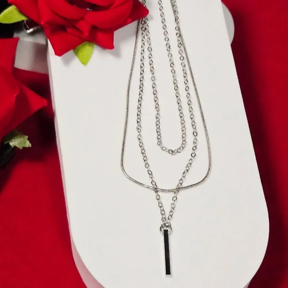 Sleek Silver Bar Pendant Multi-Layer Necklace Snake & Cable Chains Stacked NWT